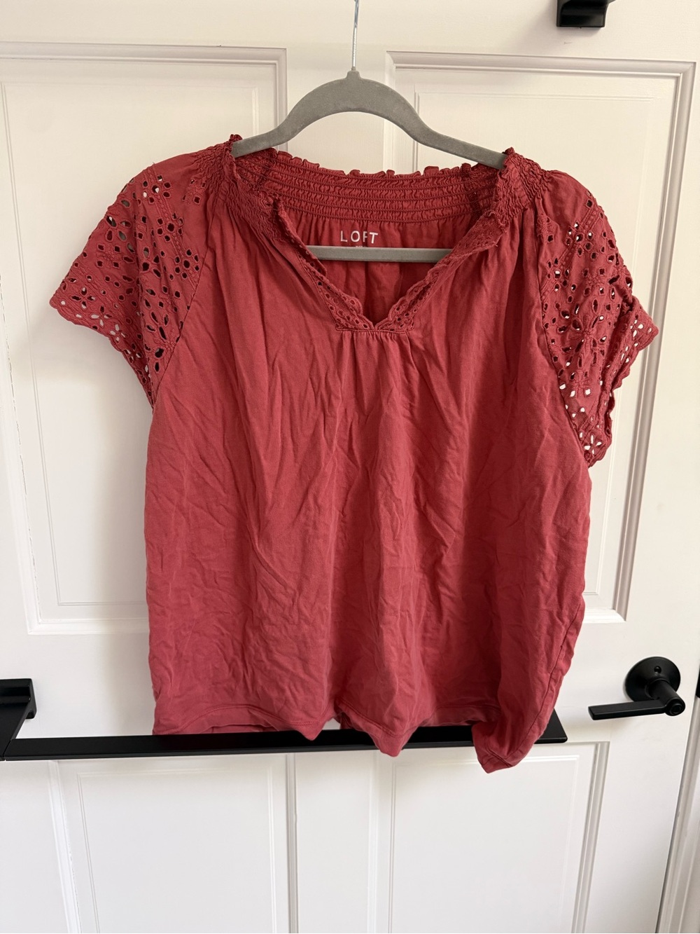 LOFT Rose Red Eyelet Sleeve Short Sleeve Top